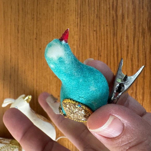 Set‎ of 3 Vintage Flocked Beaded Bird Christmas Ornaments Clip on & Wired - Picture 4 of 13